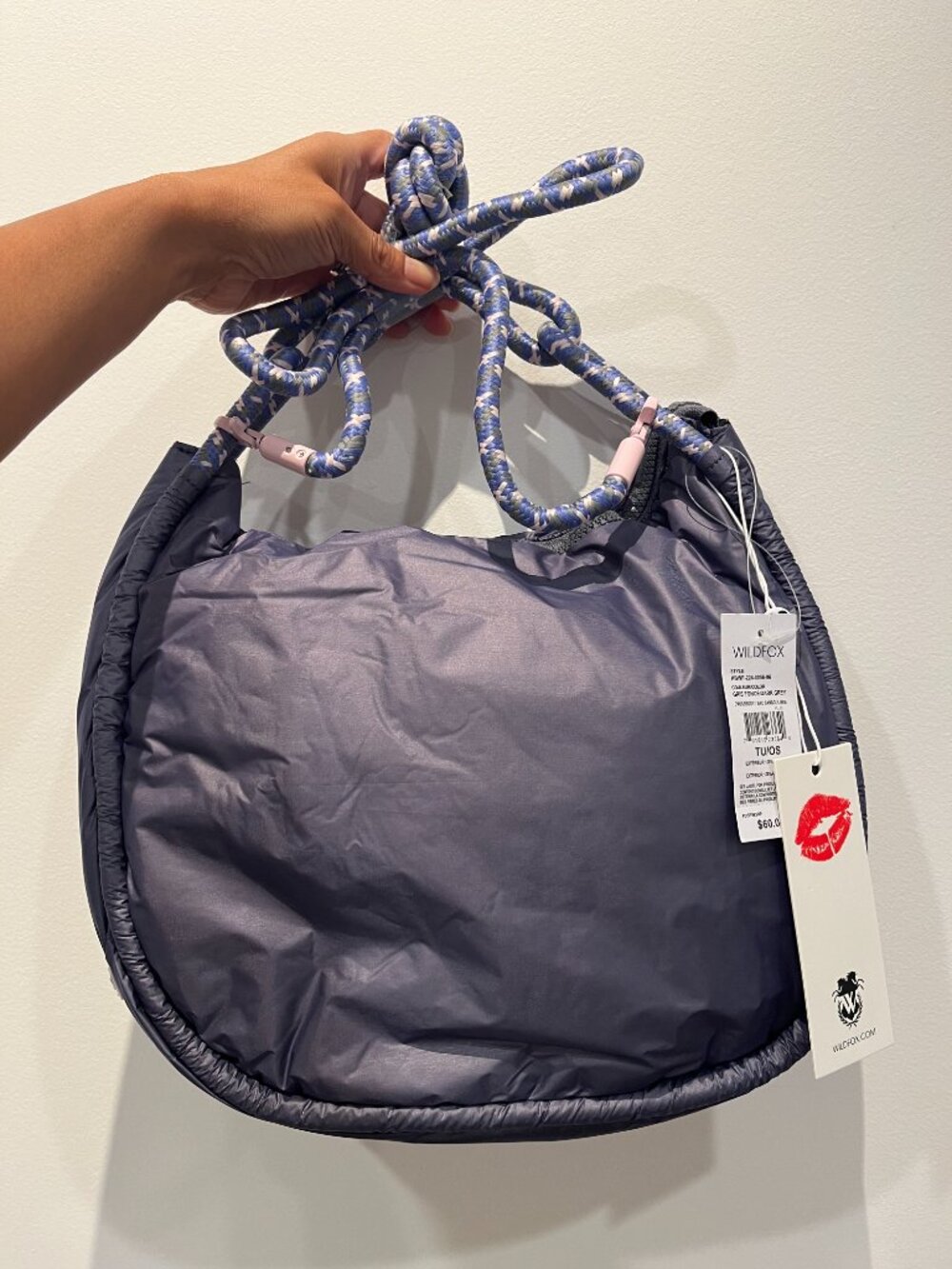 Wildfox Puffer Hobo Sling Bag purple Blue Nylon with Pink Accent Rope Strap